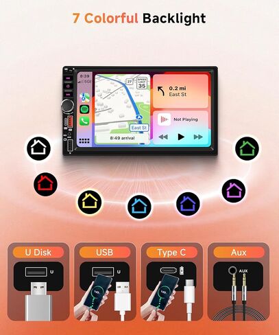ستيريو سيارة ريمودي مزدوج الدين، شاشة لمس 7 بوصة لاسلكية Carplay & Android Auto، راديو السيارة مع بلوتوث/FM/EQ/SWC/MIC، كاميرا احتياطية متضمنة، USB/AUX/TF/Type-C مستقبل صوت السيارة in Kuwait