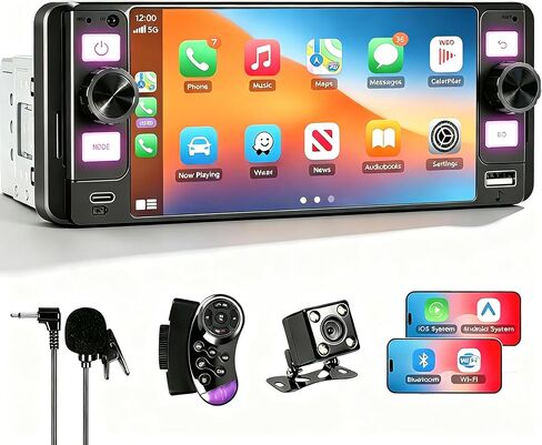 ستيريو سيارة DINRGO Single Din - راديو سيارة 6.5 بوصة مع Apple CarPlay Android Auto اللاسلكي، راديو شاشة تعمل باللمس بلوتوث 5.2 يدعم رابط المرآة، كاميرا احتياطية GPS USB ونوع C شحن سريع FM EQ MIC in Kuwait