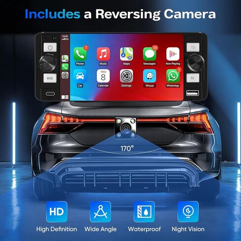 ستيريو سيارة DINRGO Single Din - راديو سيارة 6.5 بوصة مع Apple CarPlay Android Auto اللاسلكي، راديو شاشة تعمل باللمس بلوتوث 5.2 يدعم رابط المرآة، كاميرا احتياطية GPS USB ونوع C شحن سريع FM EQ MIC in Kuwait