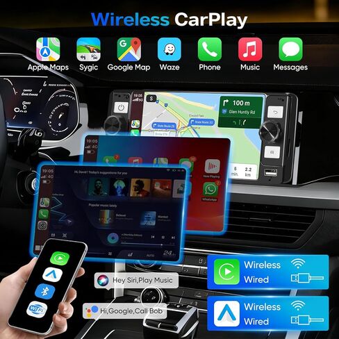 ستيريو سيارة DINRGO Single Din - راديو سيارة 6.5 بوصة مع Apple CarPlay Android Auto اللاسلكي، راديو شاشة تعمل باللمس بلوتوث 5.2 يدعم رابط المرآة، كاميرا احتياطية GPS USB ونوع C شحن سريع FM EQ MIC in Kuwait