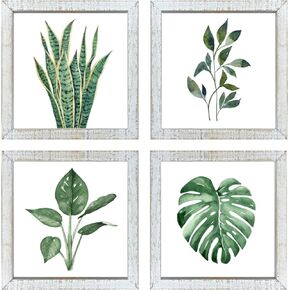 RLWangChao Set of 4 Plant Wall Art Decor 8"x 8" Bathroom Botanical Wood Frame Rustic Green Prints Pictures Leaves Watercolor Paintings Minimalist Bedroom Family Sign Home Wall Hanging (White)