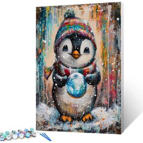 Cute Penguin Holding a Snow Globe Paint by Numbers for Adults Kids and Beginners DIY Easy Canvas Animal Oil Painting Acrylic Pigment Kits Modern Graffiti Style Home Wall Decor Gift 16x20In (DIY Frame)