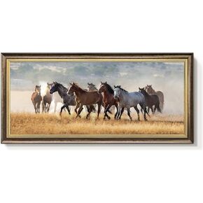 Horse Framed Wall Art Decor: Country Western Farmhouse Wood Painting Vintage Farm Painting Wild Animals Walking on Sprawling Grassland Rustic Artwork for Living Room