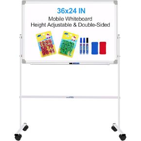 Magnetic Dry Erase Board with Stand Double-Sided Mobile Whiteboard - 36"x24" Adjustable Height Rolling White Boards on Wheels for Kids & Adults