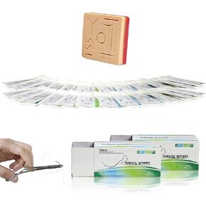 Vision Scientific VSPM112 4" X 4" Suture Pad W 11 Pre-Cut Wounds| 24 PK 75cm Mixed Variety Surgical Suture Threads W Curved Needle | 3 Layers Tissue | W Manual (Educational & Training Use Only)