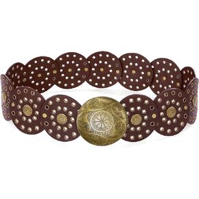Wide Disc Belt for Women Vintage Leather Hollow Out Round Belt Western Waist Belt