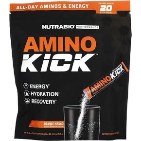 NutraBio – Amino Kick – All in One Performance Formula Energy, Hydration, Recovery 20 Servings, (Blue Raspberry) – 6g Amino Acids – Support Muscle Building