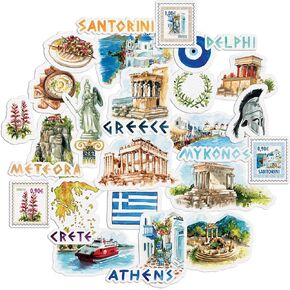 Navy Peony Idyllic Greece Travel Stickers (29 Pieces) - Watercolor, Waterproof, Country Themed | Iconic Vacation Decals for Journals, Scrapbooks, Water Bottles, Suitcase