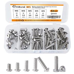 M5 x 8mm 12mm 16mm 20mm 25mm Socket Head Cap Screws Bolts, Stainless Steel 304, Metric Allen Hex Drive, Fully Threaded, Bright Finish, 50PCS