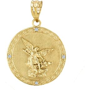 10K Gold Saint Michael The Archangel Diamond Accented Medal Pendant (G-H Color, SI1-SI2 Clarity) - Choice of Metal