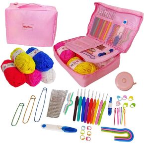 MDybfone Pink Crochet Kit for Beginners Adults,61Pcs Beginner Crochet Kit Include 5 Balls of Yarn,9 Pcs Crochet Hook Set,15 Pcs Lace Steel Needles