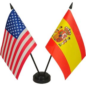 US American & Spain Friendship Table Flag, Spain Desk Flag, Spanish Flags For Room Display, US & Spain Desk Flag, USA Spain Twin Desk Flag Set-Miniature US & Spain Combination Flag