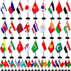 مجموعة أعلام مكتب آسيا آسيوية 48 دولة، علم صغير صغير لطاولة المكتب مع قاعدة حامل لديكورات الفصول الدراسية، 5 × 8 بوصة