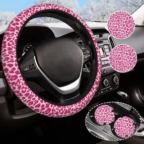 Black and White Cow Print Steering Wheel Cover Anti-Slip and Practical 14.5-15 Inch Universal Car Steering Wheel Cover with 2 Pieces Car Coasters Suitable for Men Women