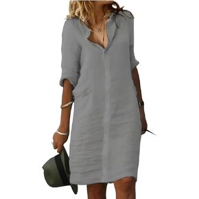 Fronage Women's Summer Midi Shirt Dresses Button Down 1/2 Sleeve Lapel Casual Cotton Linen Dress