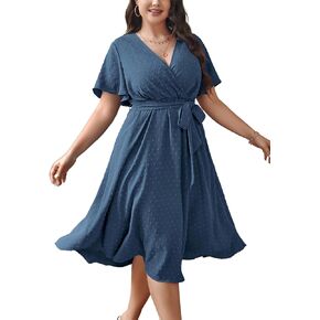 Womens Plus Size Wedding Guest Cocktail Midi Dress Summer Short Sleeve Wrap V Neck Belted A-Line Flowy Dress