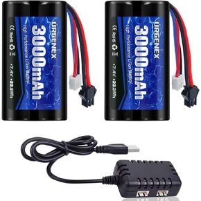 URGENEX 3000mAh 7.4V Li-ion Battery with SM-2P Plug 2S Rechargeable RC Battery Compatible with Most WPL MN RC Cars Trucks and H101 RC Boat High Capacity RC Batteries with 7.4V 1 to 2 USB Charger