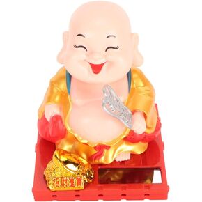 Septpenta Ornaments Bobbleheads للسيارة، تمثال الراهب الصغير للوحة القيادة، لعبة شخصية راقصة بالطاقة الشمسية، تمثال بوذا الشمسي مايتريا يهز اليد تلقائيًا لمكتب السيارة المنزلي (ذهبي)