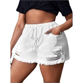 MakeMeChic Women's Plus Size Casual Ripped Raw Hem Denim Shorts Drawstring High Waist Slant Pocket Jean Shorts
