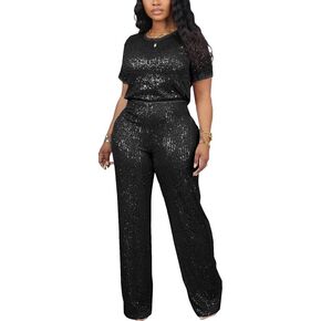 LROSEY Women's Two-Piece Sequin-Embellished Set with Short Sleeve Top and Straight Pants