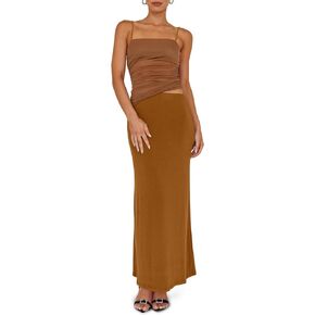 Fisoew Womens 2 Piece Skirt Dress Set Summer Sheer Mesh Ruched Camisole Tops Maxi Skirts Sexy Bodycon Sets