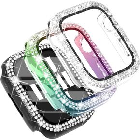 Fullife 3-Pack Compatible with Apple Watch 40mm Face Covers Series 6 5 4 Crystal Bumper Case with Tempered Glass Screen Protector Bling Frame iWatch SE2/SE for Women(40mm, Black/Rainbow/Clear)