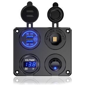 4 in 1 12V Outlet Charger Socket Panel, 36W Power Dual QC 3.0 USB Car Charger Outlet Socket, Cigarette Lighter Socket with LED Voltmeter Rocker Toggle Switch for Car Boat RV Truck