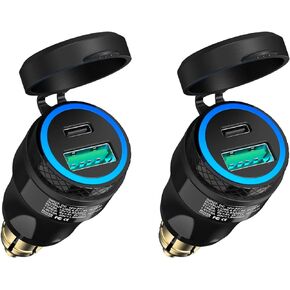 [2 Pack] Din Hella to USB - Qidoe Mini Waterproof Aluminum Din Plug Motorcycle Power Adapter 30W USB C PD3.0 Din USB 18W QC3.0 Quick Charge Blue LED Ring 12V/24V Ducati Triumph Motorcycle Accessories