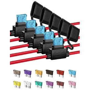 VicVan 5 Pack 12 AWG Inline Fuse Holder - with 5 Each Fuses (2A, 3A, 5A, 7.5A, 10A, 15A, 20A, 25A, 30A, 35A, 40A and 50A) ATC/ATO Standard Blade Fuses