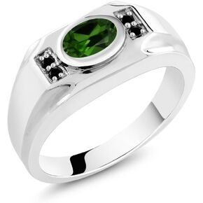 Gem Stone King Men's 925 Sterling Silver Green Simulated Emerald and Black Diamond Ring (2.23 Cttw, Gemstone Birthstone, Oval 8X6MM, Available In Size 7, 8, 9, 10, 11, 12, 13)