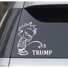 White 6" Calvin Peeing Piss Pissing On Trump President Window Sticker Decal – (Anti Trump Stop Impeach Resist Bumper Election) Good for Cars, Trucks, laptops, lockers etc