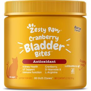 Zesty Paws Cranberry Urinary Tract Bites for Cats - Kidney & Urinary Tract Health - Soft Chews with D-Mannose, Vitamin B6 & L-Arginine - Immune & Gut Support - Bacon - 60 Count
