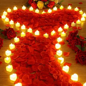 6000 Pieces Artificial Rose Petal with 72 Pieces Romantic Heart Led Candle Flameless Love Led Tealight Candle for Romantic Night Anniversary Table Decor(Warm White Light)