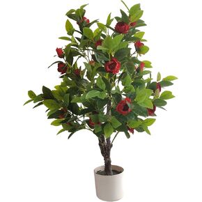 Artificial Camellia Tree 35in Faux Floral Plant with White Flowers and Green Leaves - No Maintenance Indoor Outdoor Office Home Porch Decor Housewarming Gift(2Pack，White)