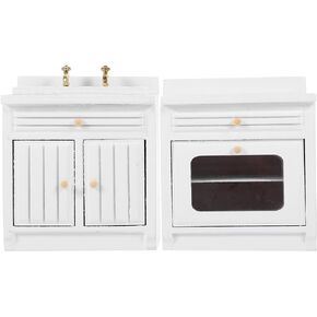 ibasenice 1 Set Dollhouse Kitchen Sink Miniature Dolls House Cabinet Countertop White Range Cooker Stove Miniature Kitchen Furniture Landscape Decor