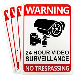 Innovative Haus 4-Pack 24 Hour Video Surveillance Signs. No Trespassing Aluminum Warning Signs. 10''x7'' - CCTV Security Camera Notice. Reflective, UV Protected, Waterproof and Durable for Businesses