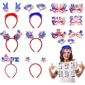 18Pcs 4th of July Party Accessories Patriotic Headband Glasses and Temporary Tattoos for Kids Adults Independence Day Fourth of July Party Favors Supplies