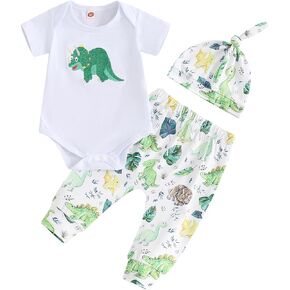 Newborn Baby Boy Girl Clothes Summer Embroidery Dinosaur Bodysuit Romper+Long Leggings Pant Infant Coming Home Outfit