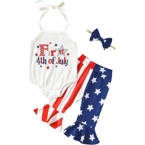 Newborn Girl 4th of July Clothes Baby First Fourth of July Flare Pant Outfit American Flag Bodysuit