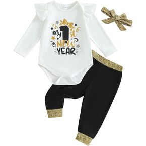 My First New Years Baby Girl Outfit 2024 Baby New Years Outfit Long Sleeve Romper Pants Set With Bow Headband