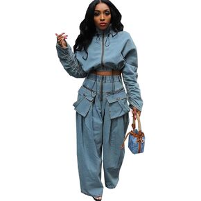Angsuttc Womens Two Piece Sets Denim Outfit Ruched Long Sleeve Zip Up Cropped Jean Jacket Wide Leg Pants Chic Set