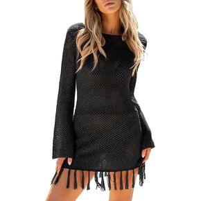 ANRABESS Women Swimsuit Crochet Swim Cover Up Summer Bathing Suit Pool 2024 Swimwear Knit Pullover Tassel Beach Dress