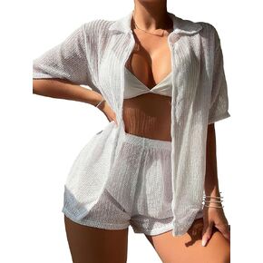 Milumia Women's 2 Piece Cover Ups Set Short Sleeve Open Front Kimono Swimsuit Coverup with Shorts