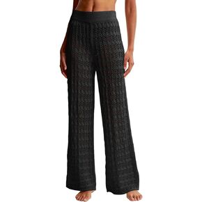 Saodimallsu Womens Crochet Cover Up Pants Sheer Mesh High Waist Sexy Casual Knit Summer Swimsuit Coverup Beach Pants