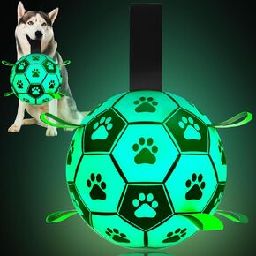 Glow in The Dark Dog Toys - 8 inch Upgraded 2.0, Dog Soccer Ball with Straps, Interactive Light Up Dog Balls, World Cup Dog Football,Outdoor Dog Tug Toys for Medium & Large Dogs Birthday Gifts