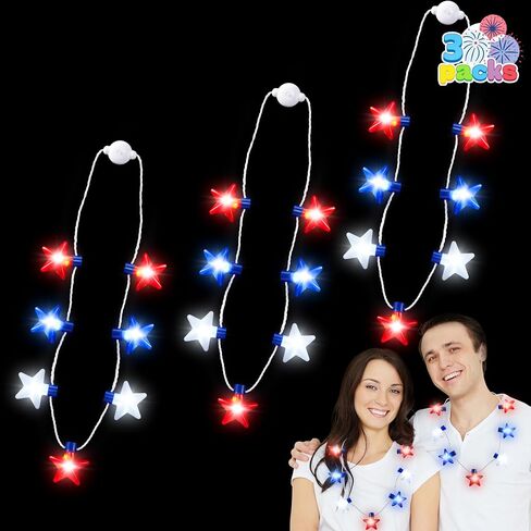 JOYIN 3 PCS 4th of July LED Necklaces, Patriotic Light up Necklace with Stars Red White and Blue Accessories in 6 Different Flicker Modes for 4th of July Party Favors, Memorial Day,Independence Day in Saudi Arabia