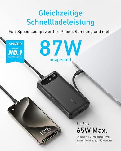 Anker Power Bank, 20,000mAh Portable Charger with Built-in USB-C Cable, 87W Max Fast Charging Battery Pack, 2 USB-C and 1 USB-A, for MacBook, iPhone 15 Series, Samsung, Switch, and More in Saudi Arabia