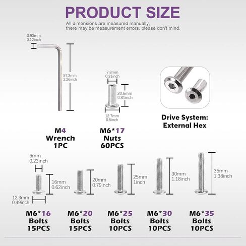 Swpeet 120Pcs M6x16mm/20mm/25mm/30mm/35mm Nickel Plated Sliver Hex Drive Socket Cap Bolts Barrel Nuts Kit with 1Pcs Allen Wrench, Screw Post Fit for Furniture Countsunk Belt Leather Binding Bolts in Kuwait