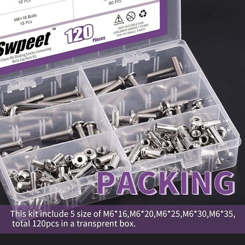 Swpeet 120Pcs M6x16mm/20mm/25mm/30mm/35mm Nickel Plated Sliver Hex Drive Socket Cap Bolts Barrel Nuts Kit with 1Pcs Allen Wrench, Screw Post Fit for Furniture Countsunk Belt Leather Binding Bolts in Kuwait