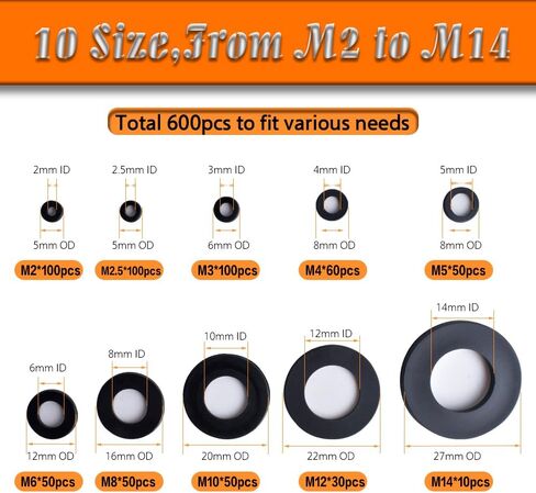 600Pcs 10 Sizes Nylon Flat Washers for Screws Bolts, Round Black Plastic Washer Assortment Kit for Electrical Connections Household Commercial Appliances (M2 M2.5 M3 M4 M5 M6 M8 M10 M12 M14) in Saudi Arabia